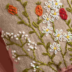 Close-up of embroidered floral design on fabric