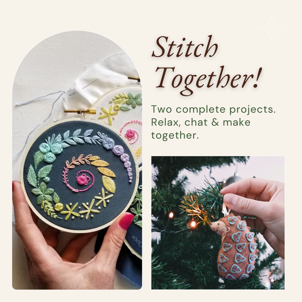 A bundle of two craft kits for mother and daughter, friends and sisters, including Jessica Long beginner embroidery kit for adults and Corinne Lapierre felt hedgehog kit. The felt hedgehog ornament can be decorated on a Christmas tree. Available at tinypatio.com