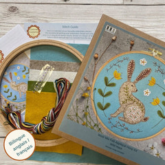 Wild Hare Applique Felt Craft kit with hoop, thread, and design on a wooden surface. By Corinne Lapierre. Available at tinypatio.com