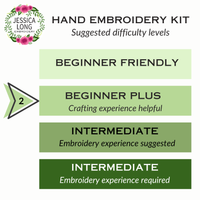 Hand embroidery kit difficulty level chart with Jessica Long Embroidery logo.