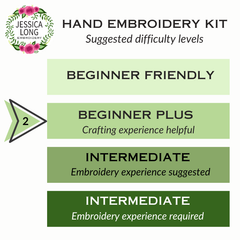 Hand embroidery kit difficulty level chart with Jessica Long Embroidery logo.