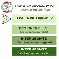 Hand embroidery kit difficulty level chart with Jessica Long Embroidery logo.