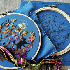 Beginner Embroidery kit with black cats and floral design on blue fabric. Designed by Jessica Long. Curated by Tiny Patio in the UK. 