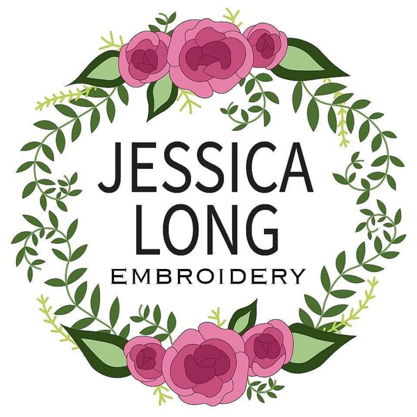 Logo for Jessica Long Embroidery with pink flowers and green leaves.