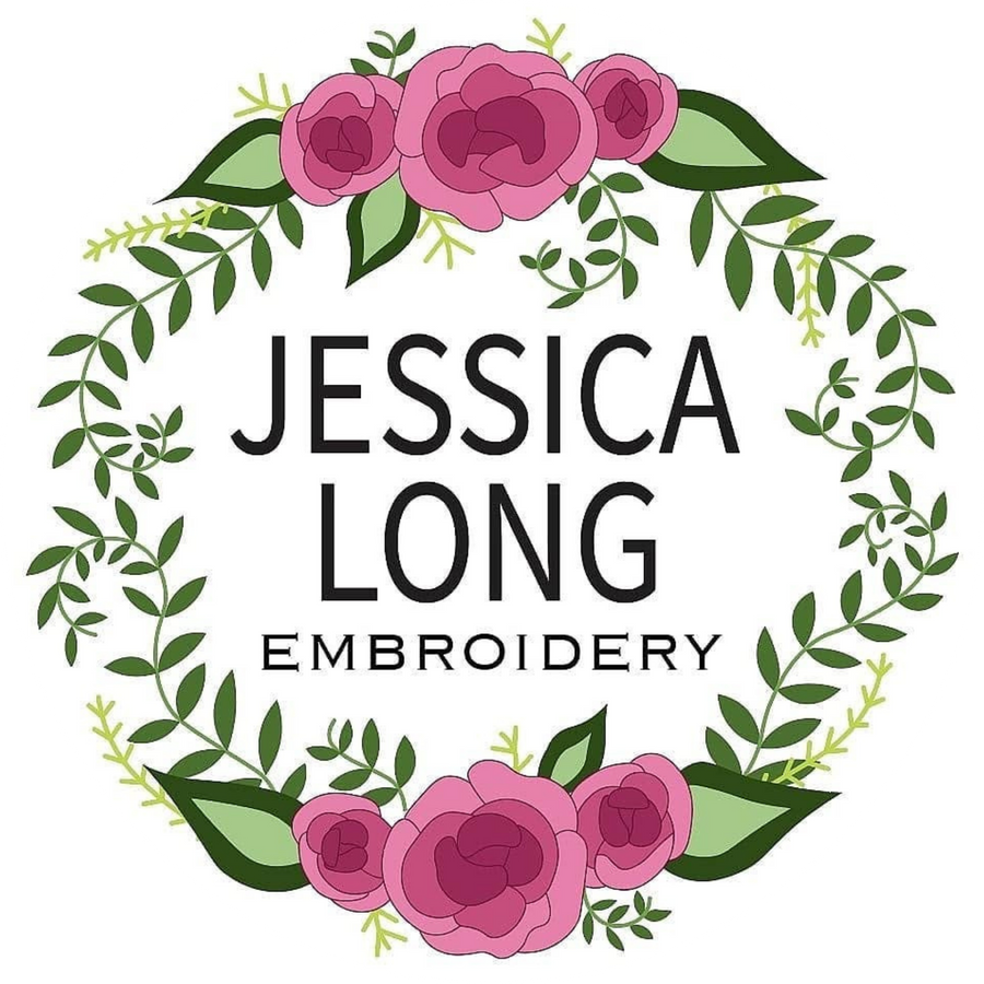 Logo for Jessica Long Embroidery with pink flowers and green leaves.