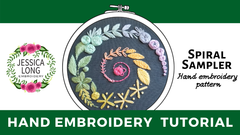 Beginner Hand embroidery hoop kit with spiral sampler design and Jessica Long Embroidery logo.