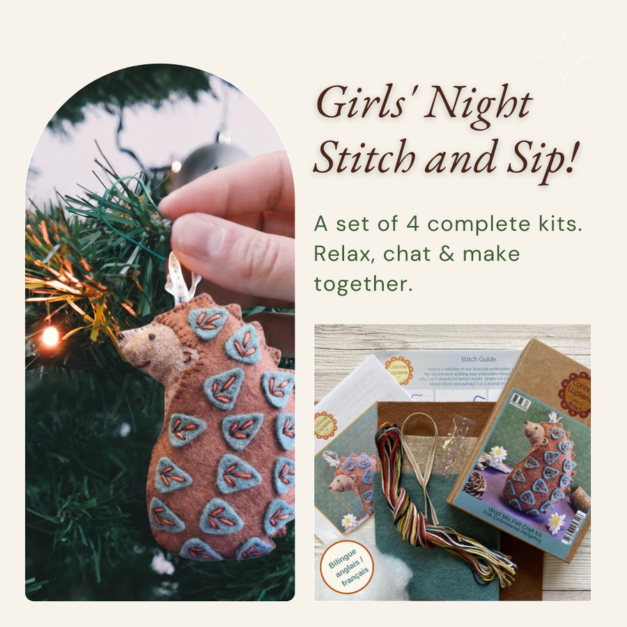 Promotional collage for a girls' night stitch and sip kit. Left side shows a hand holding a hand-stitched brown bear ornament decorated with blue and orange patterns against a Christmas tree.