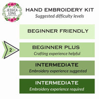 Hand embroidery kit difficulty level chart with Jessica Long Embroidery logo. This kit is ideal for confident beginners