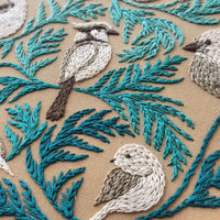 Close up photo of Winter Birds Embroidery project using Chain Stitch, displayed in a 6" Hoop. Designed by Jessica Long, available at tinypatio.com