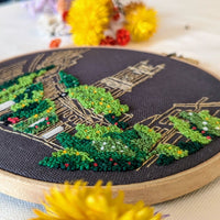 The Circus Lane hoop angled to show the raised green french knots standing proud of the fabric