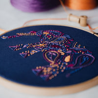 Close-up of the elephant's paisley teardrops and gold dotted outlines worked in stranded cotton