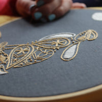 Macro close-up of the hare's gold paisley ears and back worked in stranded cotton