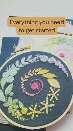 Jessica Long Spiral Sampler embroidery kit includes 10 cm (4 inch) wooden embroidery hoop, pre-printed navy cotton fabric, embroidery needles, 12 DMC thread colours, and instructions.